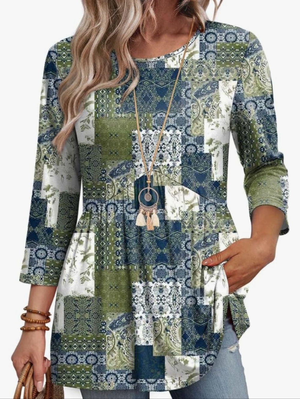 Patchwork Paisley Peplum Tunic in Green & Navy